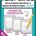 SPANISH Writing Prompts for 1st - Informational, Narrative, & Opinion BUNDLE - learning-at-the-primary-pond