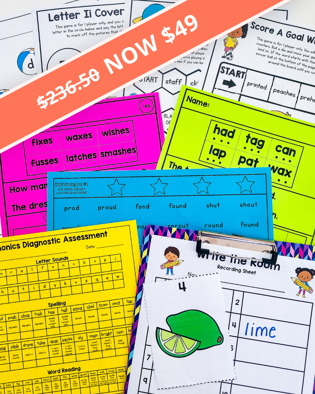 A photo of the materials inside the K-2 bundle printed on colourful paper and spread out on a table. There is a banner in the top left that says $236.50 (struck through) now $49.