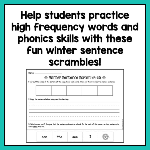 Decodable Sentence Scrambles for First Grade | Winter Theme - learning-at-the-primary-pond