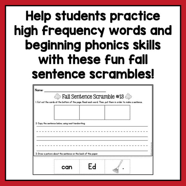 Decodable Sentence Scrambles for Kindergarten | Fall Theme - learning-at-the-primary-pond