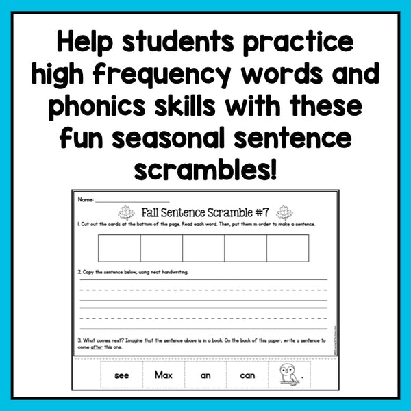 Decodable Sentence Scrambles for Kindergarten | Seasonal Bundle - learning-at-the-primary-pond