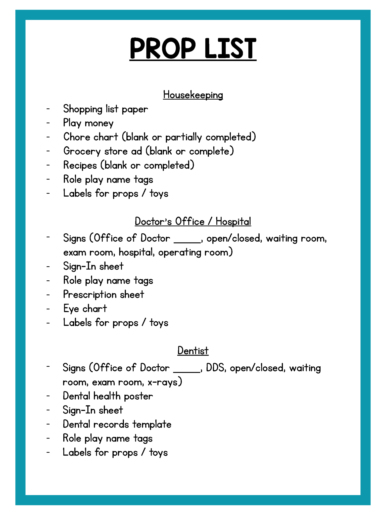 Learning Props Dramatic Play Center Props for Kindergarten – Learning at the Primary Pond