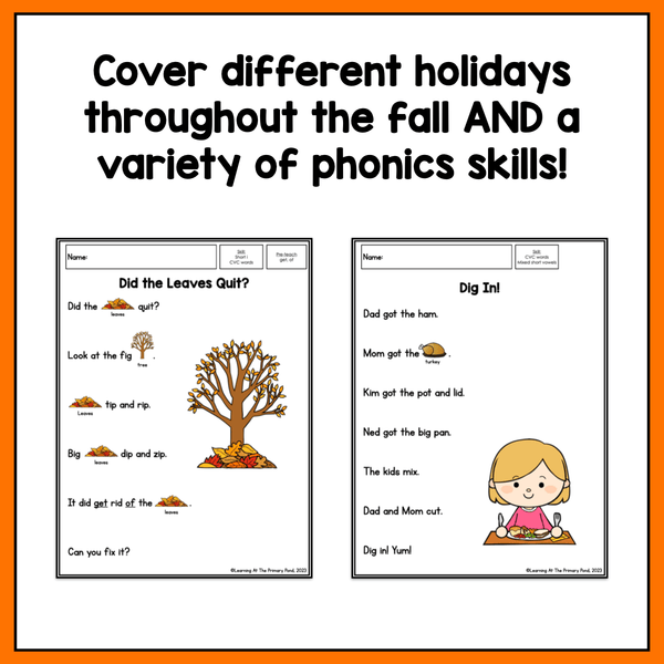 Fall Decodable Texts for Kindergarten | Passages on Fall and Fall Holidays - learning-at-the-primary-pond