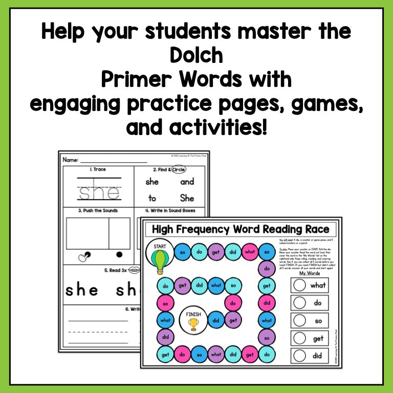 High Frequency Word Worksheets & Games BUNDLE | Dolch Primer Words - learning-at-the-primary-pond