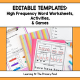 High Frequency Word Worksheets & Games BUNDLE | Editable Version - learning-at-the-primary-pond