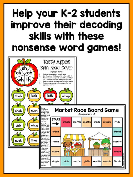 Nonsense Word Games for Kindergarten, 1st, and 2nd grade {Fall Theme} - learning-at-the-primary-pond