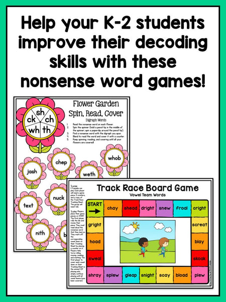 Nonsense Word Games for Kindergarten, 1st, and 2nd grade | Spring Theme - learning-at-the-primary-pond