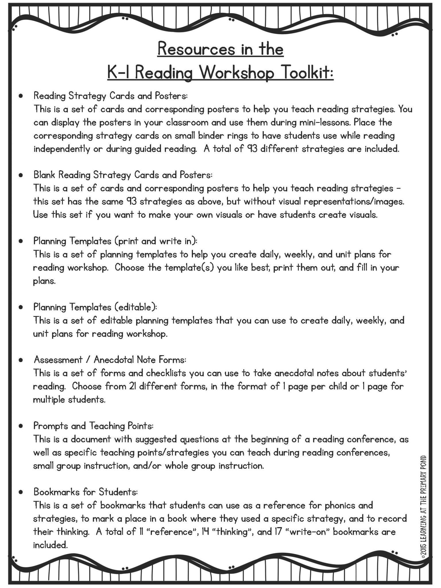 Reading Toolkit Example Reading Workshop Toolkit for Kindergarten and First Grade – Learning at ...