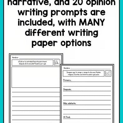 SPANISH Writing Prompts for 1st - Informational, Narrative, & Opinion BUNDLE - learning-at-the-primary-pond