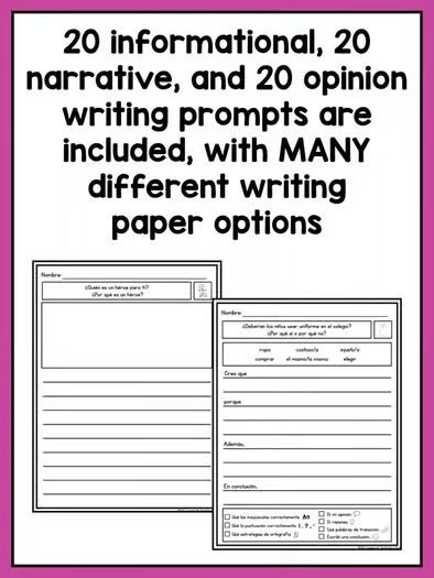 SPANISH Writing Prompts for 2nd - Informational, Narrative, & Opinion BUNDLE - learning-at-the-primary-pond