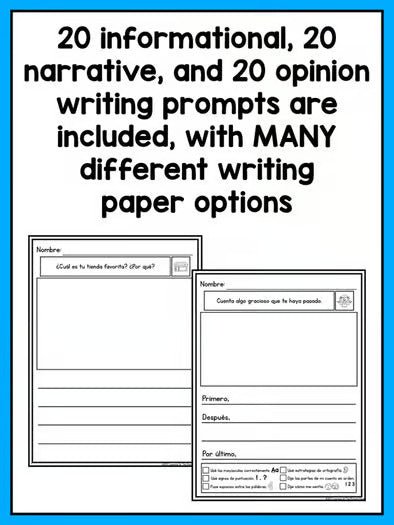 SPANISH Writing Prompts for Kinder - Informational, Narrative, & Opinion BUNDLE - learning-at-the-primary-pond