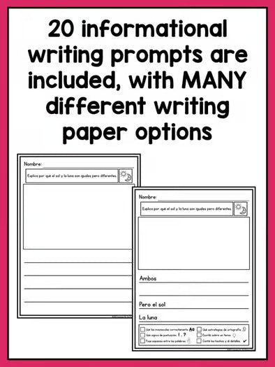SPANISH Writing Prompts for Kindergarten Informational Writing - learning-at-the-primary-pond