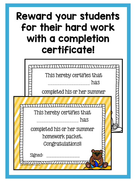 Summer Homework Pack for Rising First Graders (who have completed Kindergarten) - learning-at-the-primary-pond